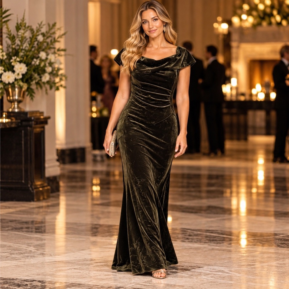Xscape Moss Green Velvet Off Shoulder Gown Maxi Dress Ruched Mermaid | 8 NWT
